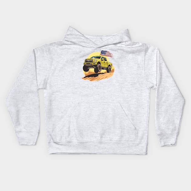 F150 car truck offroad jump on desert yellow Kids Hoodie by creative.z